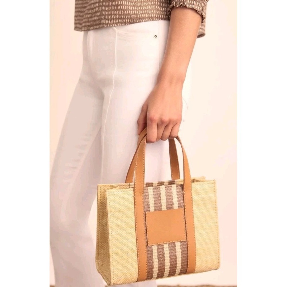J Mclaughlin Ines Handbag Natural Tan Woven Leather Stripe Shoulder Crossbody